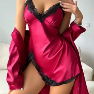 Solid Satin Pajama Set Long Sleeve Robe With Belt & Contrast Lace V Neck Slip Dress Women's Sleepwear - Image 3