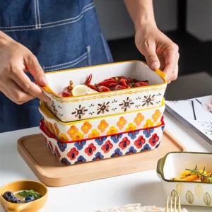 Flowers Rectangular Oval Bakeware Pan With Handle Ceramic Baking Dish Roasting Lasagna Pan Kitchen Salad Cheese Baked Pan - Image 3