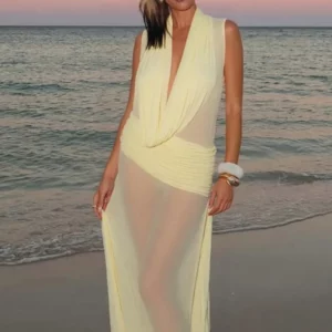 Trendix Women Mesh Patchwork Elegant Dress Sexy Deep V Neck See Through Sleeveless Long Dresses Vacation Party Club Maxi Dress - Image 1
