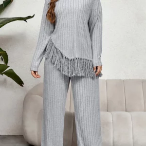 GIBSIE Plus Size Women Home Style Two Piece Outfit Fall Casual O-Neck Long Sleeve Tassel Hem Tops with Wide Leg Pants Sets - Image 4