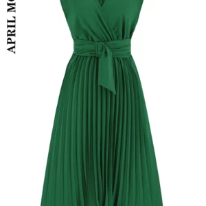 Sleeveless Women Pleated Party Dress Solid Green Blue Black Elegent A-Line Dress Female Loose Mid-Calf Skirt Swing Evening Dress - Image 1