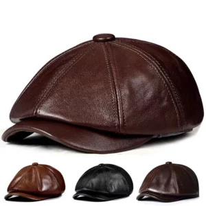 Spring New Genuine Leather Hat Cap Cowhide Beret Warm Cotton Men Padding Brand Brown/Black Duck Hat - Image 2