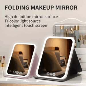 3 Colors Dimmable LED Makeup Mirror with Touch Screen Fold Cosmetic Makeup Mirror Rechargeable Tabletop for Travel & Home Use - Image 3