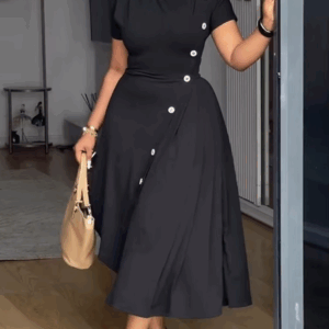 Chic Black Short Sleeve Midi Dress with Buttons and Front Slit Perfect for Office Meetings Dinner Dates and Elegant Evening Out - Image 3