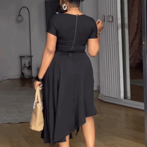 Chic Black Short Sleeve Midi Dress with Buttons and Front Slit Perfect for Office Meetings Dinner Dates and Elegant Evening Out - Image 2