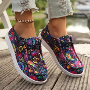 Women Flats Sneakers 2024 Spring Autumn New Women Fashion Canvas Print Flat Shoes Lace Up Woman Outdoor Casual Big Size Sneakers - Image 6