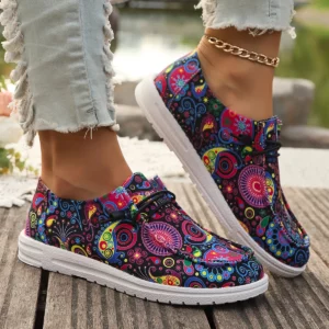 Women Flats Sneakers 2024 Spring Autumn New Women Fashion Canvas Print Flat Shoes Lace Up Woman Outdoor Casual Big Size Sneakers - Image 4