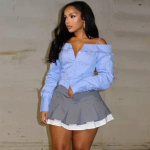 Shirt Women Blouses Striped Off Shoulder Streetwear Y2k Slim Fit Sexy Tops Single Breasted Casual Shirts High Waist 2025 Summer - Image 2