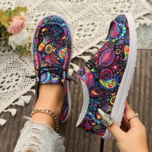 Women Flats Sneakers 2024 Spring Autumn New Women Fashion Canvas Print Flat Shoes Lace Up Woman Outdoor Casual Big Size Sneakers - Image 5