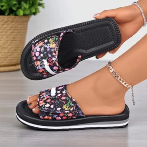 Women's Floral Print Slide Sandals Casual Summer Flat Heel round Toe Fabric Upper EVA Sole Insole Slip-On Summer Footwear - Image 1