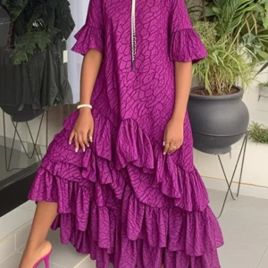 UOOZEE Women Fashion Printed Ruffle Trim Layered Pleated Maxi Dresses Flared Sleeves Elegant Evening Banquet Long Dress 2025 New - Image 1