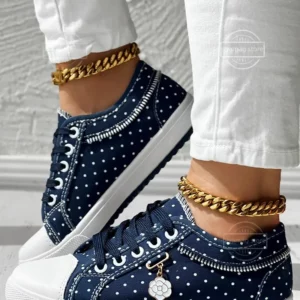 Sneakers Women's Polka Dot Print Lace-up Round Toe Sneakers Vulcanized Shoes Lace Mesh Tenis Floral Lace-up Flat Ladies Footwear - Image 2