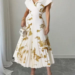 Rafiah Boutique Women's Dresses Summer Elegant Decent Fashion 2025 Print Pleated Vacation Short Sleeve V-Neck Long Dresses - Image 3