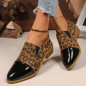 Leopard Printed Women's Low Heel Pumps Fashion Patent Leather Patchwork Dress Shoes for Women Comfy Pointed Toe Slip On Loafers - Image 1