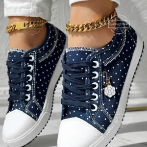 Sneakers Women's Polka Dot Print Lace-up Round Toe Sneakers Vulcanized Shoes Lace Mesh Tenis Floral Lace-up Flat Ladies Footwear - Image 3