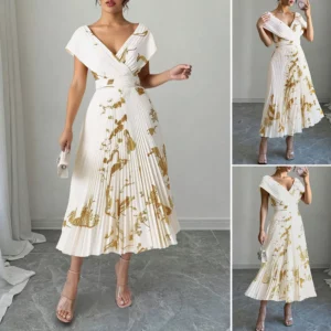Rafiah Boutique Women's Dresses Summer Elegant Decent Fashion 2025 Print Pleated Vacation Short Sleeve V-Neck Long Dresses - Image 1