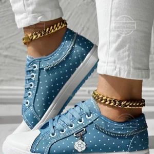 Sneakers Women's Polka Dot Print Lace-up Round Toe Sneakers Vulcanized Shoes Lace Mesh Tenis Floral Lace-up Flat Ladies Footwear - Image 4