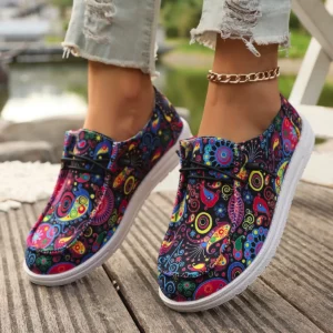 Women Flats Sneakers 2024 Spring Autumn New Women Fashion Canvas Print Flat Shoes Lace Up Woman Outdoor Casual Big Size Sneakers - Image 2