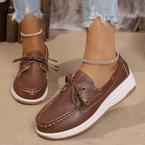 Women's Vintage Lace Up Platform Loafers Brown PU Leather Casual Shoes Woman Lightweight Comfortable Low Top Sneakers Plus Size - Image 1