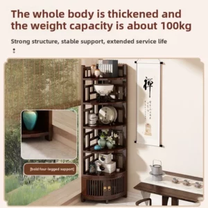 Modern Oriental Solid Wood Shelving Tiered Storage Cabinet with Doors Curved Corner Bookshelf Unit Living Room Storage Organizer - Image 3