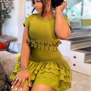 Sister Star 2025 Women's Fashion Solid Color Tight Sweet Fresh Pleated Dress Short Sleeve Round Neck Short Dresses - Image 1