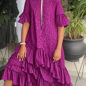 UOOZEE Women Fashion Printed Ruffle Trim Layered Pleated Maxi Dresses Flared Sleeves Elegant Evening Banquet Long Dress 2025 New - Image 2