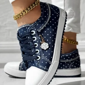 Sneakers Women's Polka Dot Print Lace-up Round Toe Sneakers Vulcanized Shoes Lace Mesh Tenis Floral Lace-up Flat Ladies Footwear - Image 1