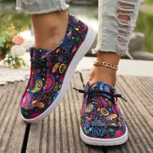 Women Flats Sneakers 2024 Spring Autumn New Women Fashion Canvas Print Flat Shoes Lace Up Woman Outdoor Casual Big Size Sneakers - Image 3