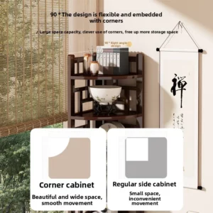 Modern Oriental Solid Wood Shelving Tiered Storage Cabinet with Doors Curved Corner Bookshelf Unit Living Room Storage Organizer - Image 5