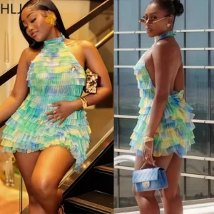 HLJ Sexy Mesh Ruched Patchwork Bodycon Dresses Women Cake Gradient Halter Backless Dress Female Streetwear Vestidos Summer New - Image 1