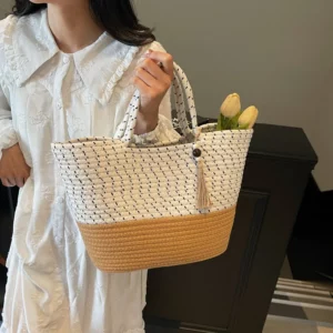 Quality Summer Beach Tote Bags For Women Cotton Rope Woven Contrast Color Large Capacity Shopper Shoulder Totes With Tassels - Image 4