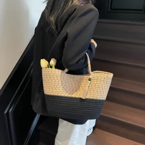 Quality Summer Beach Tote Bags For Women Cotton Rope Woven Contrast Color Large Capacity Shopper Shoulder Totes With Tassels - Image 5