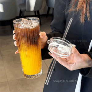 600ML Stripe Glass Cup With Lid and Straw Thickened Transparent Coffee Cup Drinking Glasses For Milk Tea Juice Iced Coffee Mugs - Image 6