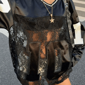 WLWXR Europe and America Sexy Letter Print Lace Spliced Transparent V Neck T shirts club outfits for women 2025 - Image 7