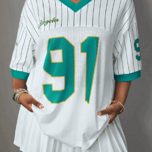 Laydiva Ladies # 91 Number And Letter Printed V-Neck Short Sleeve Loose Casual Summer Short Sleeve T-shirt Baseball Jersey Top - Image 4