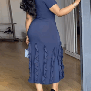 Short Sleeve Midi Dress for Women with Folds and Layered Ruffle Hem Perfect for Dinner Dates Evening Party or Semi Formal Events - Image 4