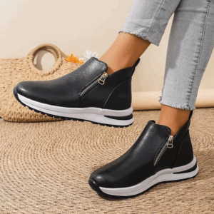 Black PU Leather Platform Sneakers for Women Fashion Double Zipper High Top Sports Shoes Woman Thick Sole Non Slip Short Boots - Image 4