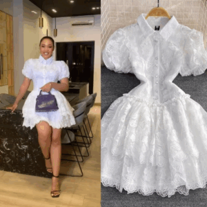 Women Vintage Lace Gown Dress Turn Down Collar Puff Sleeve Mini Dresses Single Breasted Spliced Elegant Vestidos Summer - Image 6