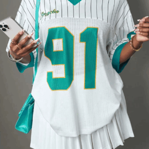Laydiva Ladies # 91 Number And Letter Printed V-Neck Short Sleeve Loose Casual Summer Short Sleeve T-shirt Baseball Jersey Top - Image 2