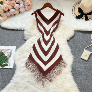 YuooMuoo Chic Fashion Sexy Wrap Hips Stripes Tassel Mini Dress 2025 Summer Elegant V-neck Knitted Bodycon Party Dress Streetwear - Image 4