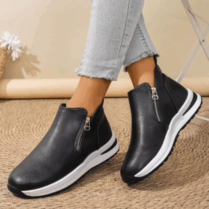 Black PU Leather Platform Sneakers for Women Fashion Double Zipper High Top Sports Shoes Woman Thick Sole Non Slip Short Boots - Image 3