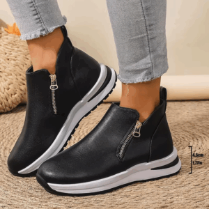 Black PU Leather Platform Sneakers for Women Fashion Double Zipper High Top Sports Shoes Woman Thick Sole Non Slip Short Boots - Image 2