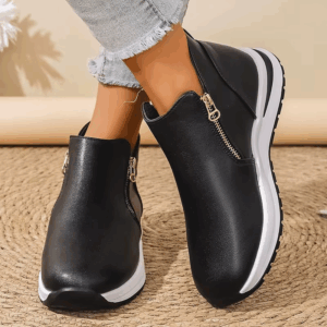 Black PU Leather Platform Sneakers for Women Fashion Double Zipper High Top Sports Shoes Woman Thick Sole Non Slip Short Boots - Image 6