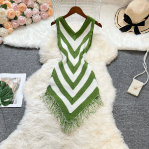 YuooMuoo Chic Fashion Sexy Wrap Hips Stripes Tassel Mini Dress 2025 Summer Elegant V-neck Knitted Bodycon Party Dress Streetwear - Image 5