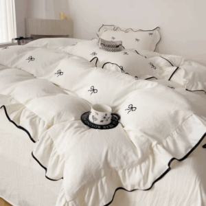 3pcs bow embroidery Bedding set ruffles Duvet Cover Set (1*Duvet Cover + 2*Pillowcase, Without Core)for bedroom guest room - Image 3