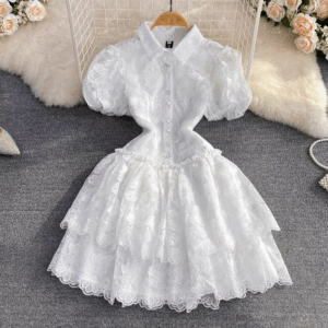 Women Vintage Lace Gown Dress Turn Down Collar Puff Sleeve Mini Dresses Single Breasted Spliced Elegant Vestidos Summer - Image 5