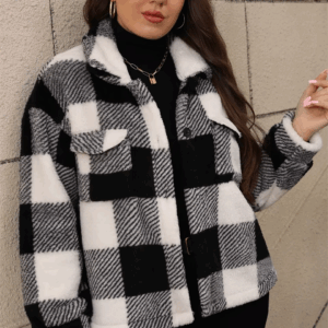 GIBSIE Plus Size Plaid Single-breasted Lapel Jacket Women 2024 Autumn Winter Retro Thicken Plush Female Casual Short Outerwear - Image 5