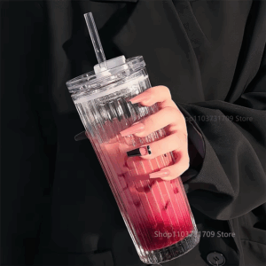 600ML Stripe Glass Cup With Lid and Straw Thickened Transparent Coffee Cup Drinking Glasses For Milk Tea Juice Iced Coffee Mugs - Image 4
