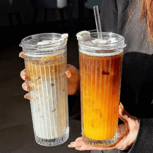 600ML Stripe Glass Cup With Lid and Straw Thickened Transparent Coffee Cup Drinking Glasses For Milk Tea Juice Iced Coffee Mugs - Image 7