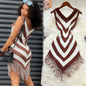 YuooMuoo Chic Fashion Sexy Wrap Hips Stripes Tassel Mini Dress 2025 Summer Elegant V-neck Knitted Bodycon Party Dress Streetwear - Image 7